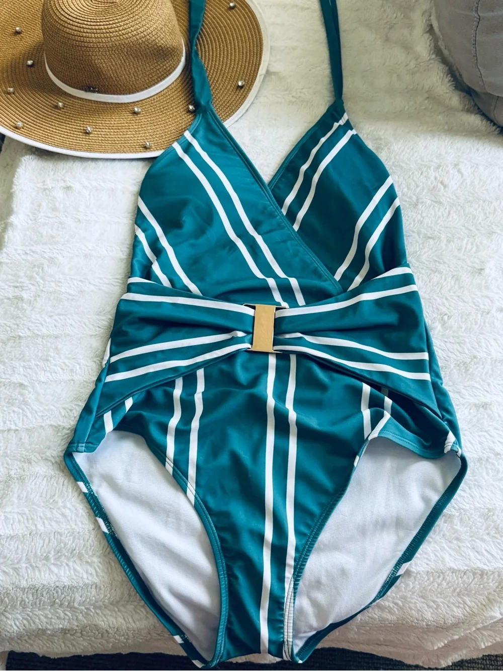 Kids Teal Stripe One-Piece Swimsuit with Gold Buckle